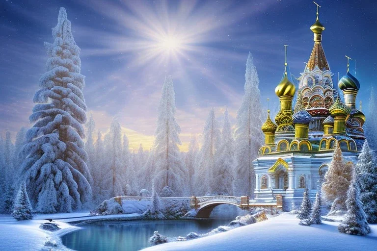 russian gold white palace on the mountain，waterfall, sun,10 snowy fir trees,blue lake,swanns, winter snow flakessnow, northern Lights blue pink, full of details, smooth, bright sunshine，soft light atmosphere, light effect，vaporwave colorful, concept art, smooth, extremely sharp detail, finely tuned detail, ultra high definition, 8 k, unreal engine 5, ultra sharp focus