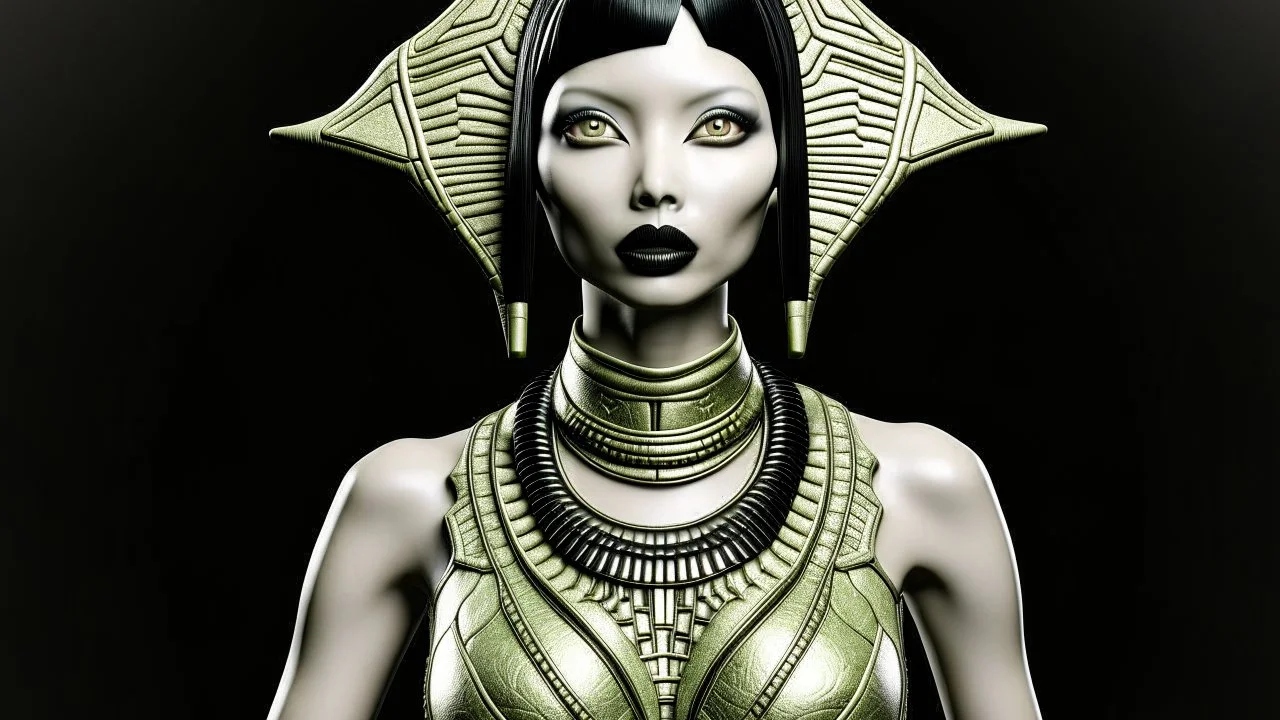 pale alien woman wearing exotic clothing. Black hair bob