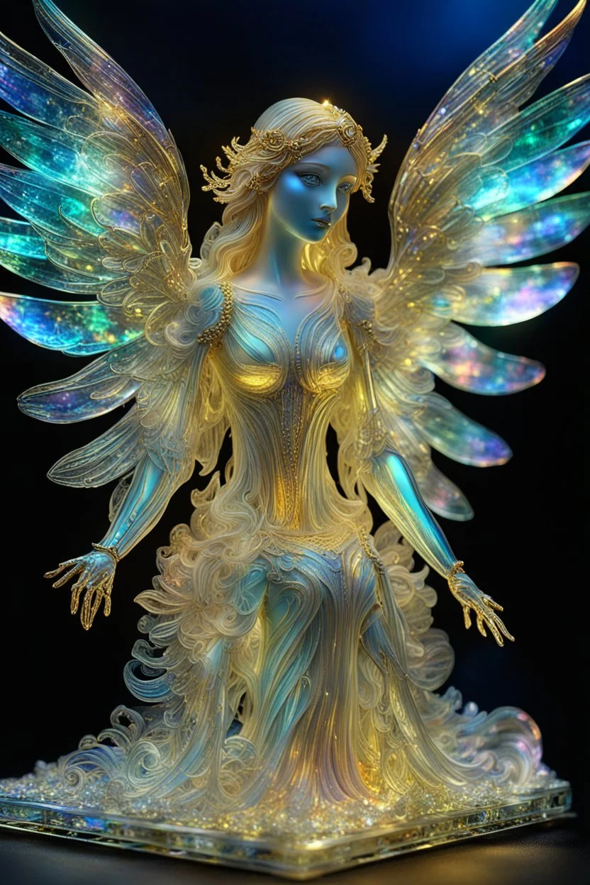 extremely delicate iridescent Angel made of glass, sitting, video game style, translucent, tiny golden accents, beautifully and intricately detailed, ethereal glow, whimsical, art by Mschiffer, best quality, glass art, magical holographic glow\\n, Broken Glass effect, no background, stunning