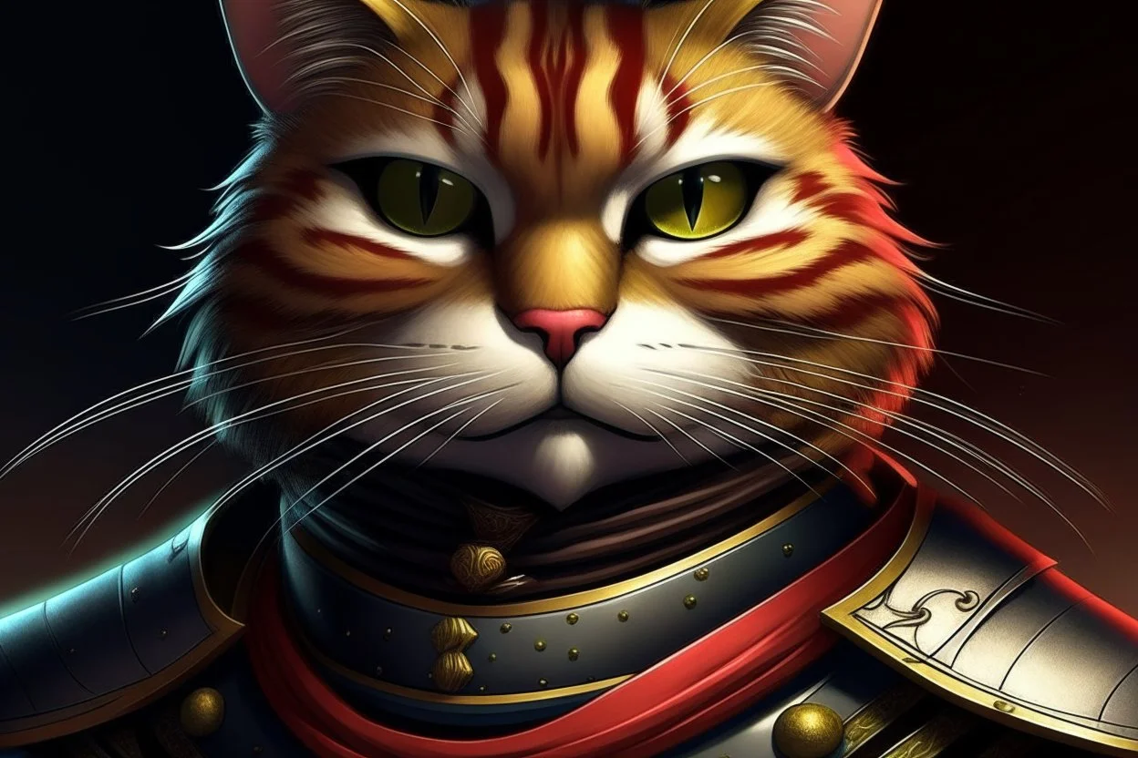 Samurai Cat perfect faced (((I'm the style of Mark E. Rogers))), hyperrealism, digital painting of an animation character, character illustration, glen keane, lisa keane, realistic, disney style character, detailed, digital art, 4k, ultra hd, beautiful d&d character portrait, colorful fantasy, detailed, realistic face, digital portrait, intricate armor, fiverr dnd character, wlop, stanley artgerm lau, ilya kuvshinov, artstation, hd, octane render, hyperrealism