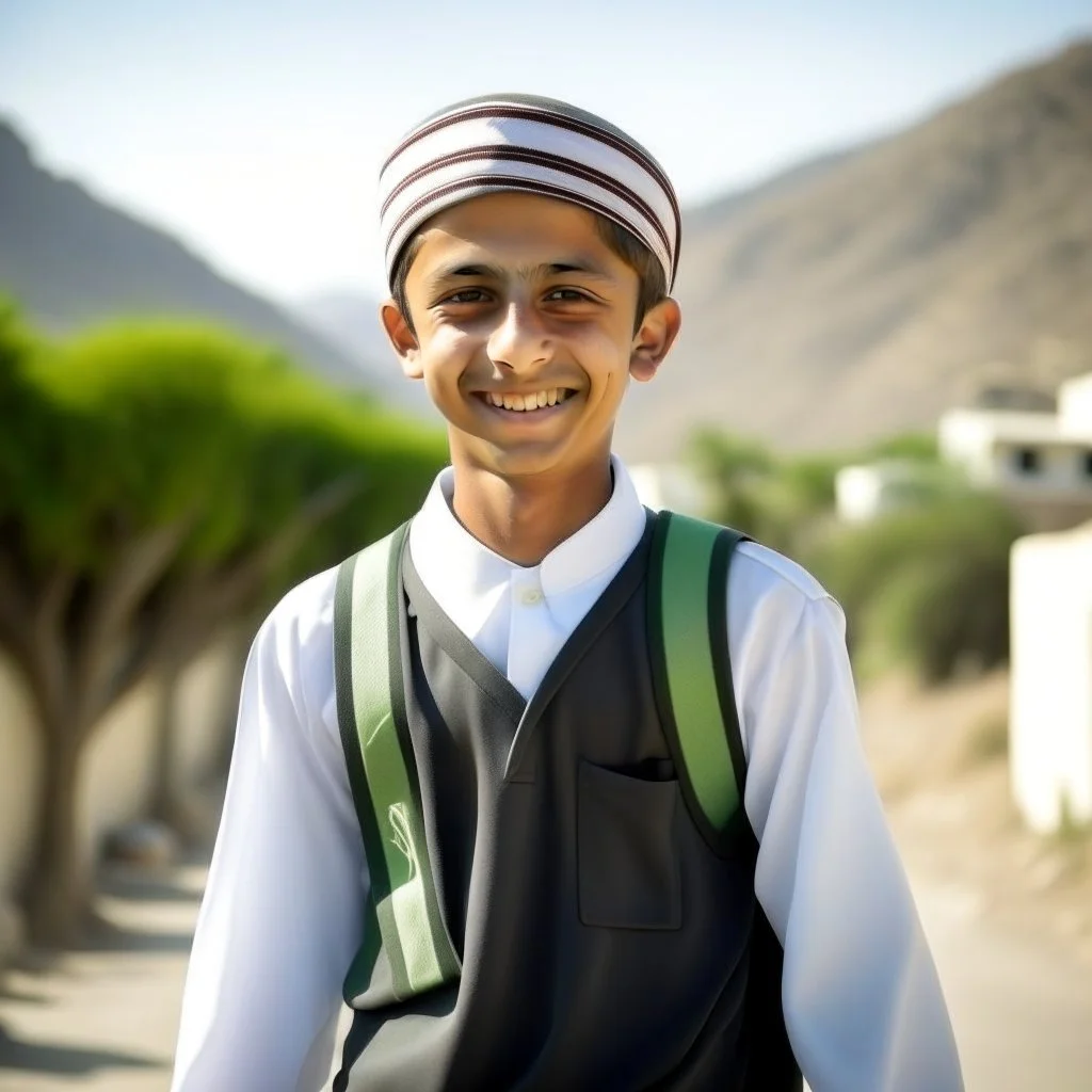 School student, school uniform, Omani, smiling slightly, from behind, school, students, morning, sun