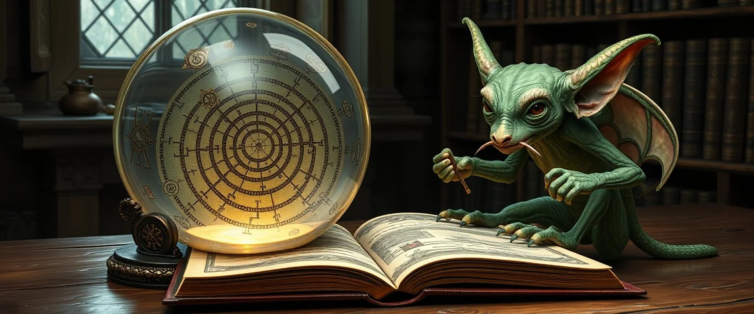 map of labyrinth contained in a glass ball with elemental sigils and symbols on a table beside a book called Riddles of a Forgotten Age with weird illustrations, being read by an imp kobold gremlin druid librarian