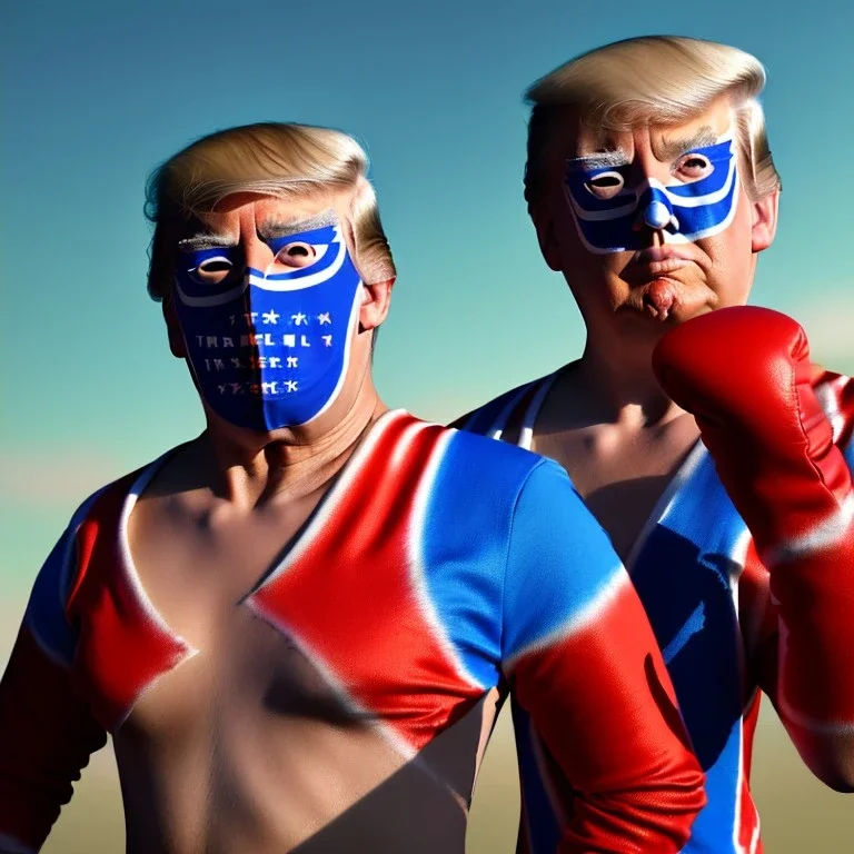 realistic image of donald trump as a mexican wrestling fighter posing outdoors, Mexican eyes wrestling mask, red and blue breeches, suspenders, retro style, 80s, vibrant color, highly detailed, sky background, concept art, unreal engine 5, god rays, ray tracing, RTX, lumen lighting, ultra detail, volumetric lighting, 3d, finely drawn, high definition, high resolution.