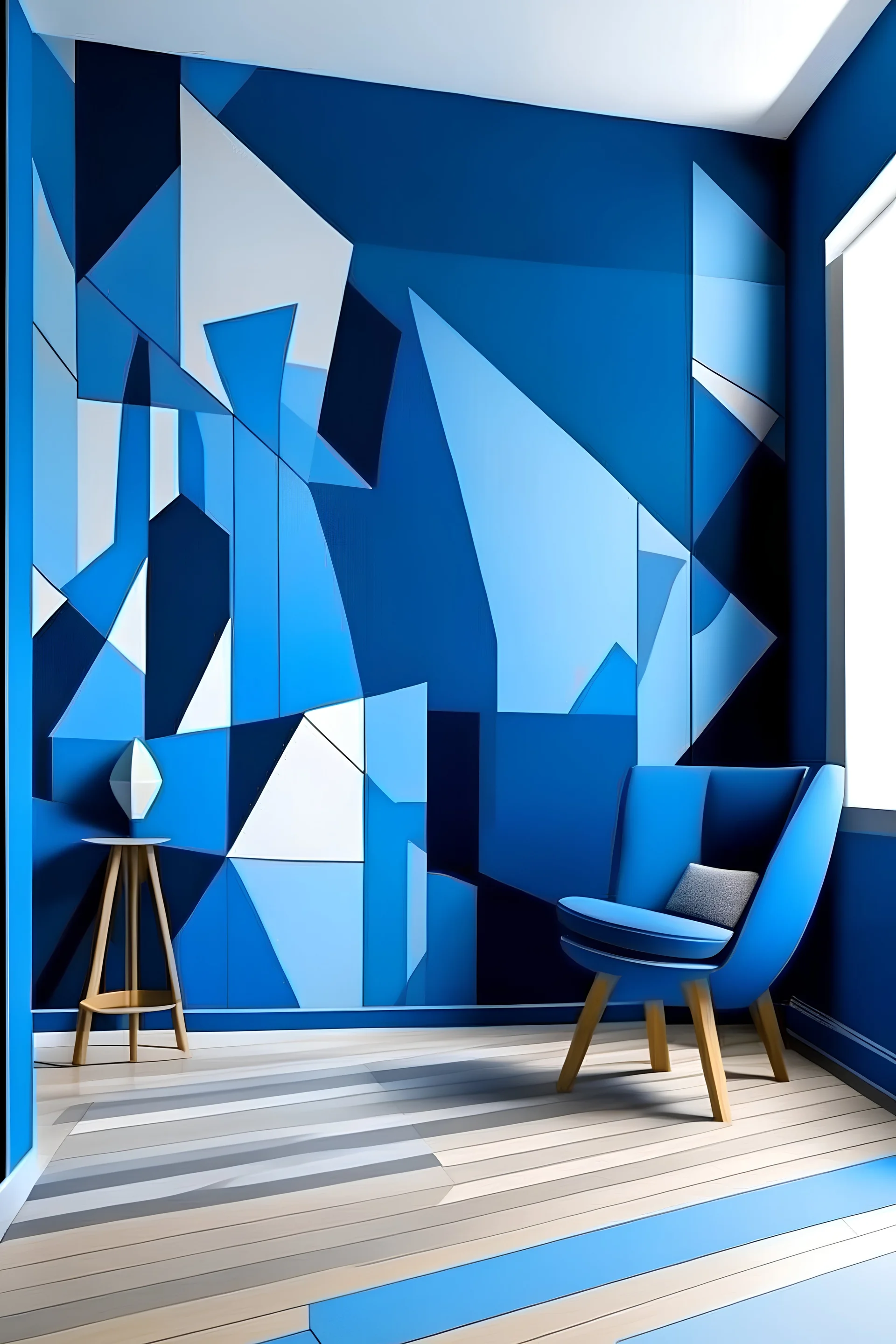 Create handpainted wall mural with angular and intersecting shapes in varying shades of blue, capturing the harmonious spirit of Suprematism. Play with angles and contrasts for a visually engaging result."