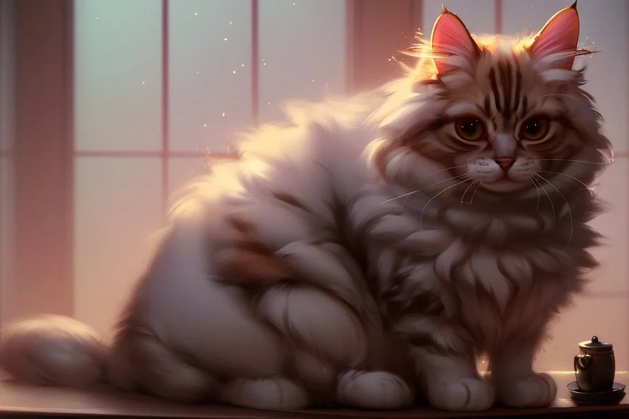 cute fluffy cat in a coffeehouse in sunshine Weight:1 detailed matte painting, deep color, fantastical, intricate detail, splash screen, complementary colors, fantasy concept art, 8k resolution trending on Artstation Unreal Engine 5 Weight:0.9