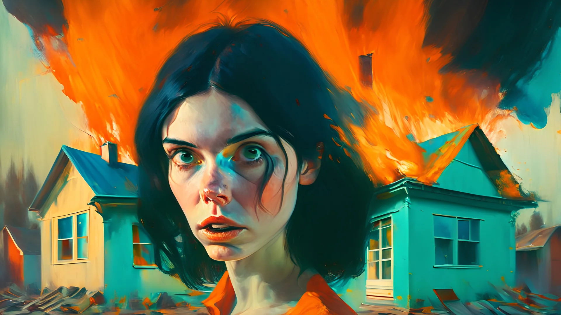 Young pale woman, messy black hair, relaxed green eyes aimed at the camera, in front of an exploding house, oil painting, symmetrical face, small button nose, high cheekbones, split-complementary color scheme (blue, red and orange), wide cinematic shot, full body, strong orange edge light.