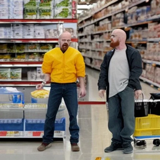 Walter White yells at Jessie Pinkman in a Costco, photorealistic