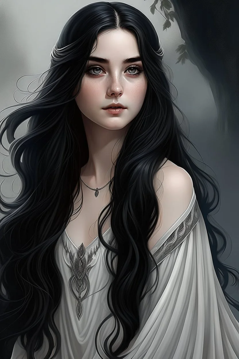 a 16 year old woman, white skin, long wawy black hair, beautiful face, black eyes, in a white dress, realistic epic fantasy style