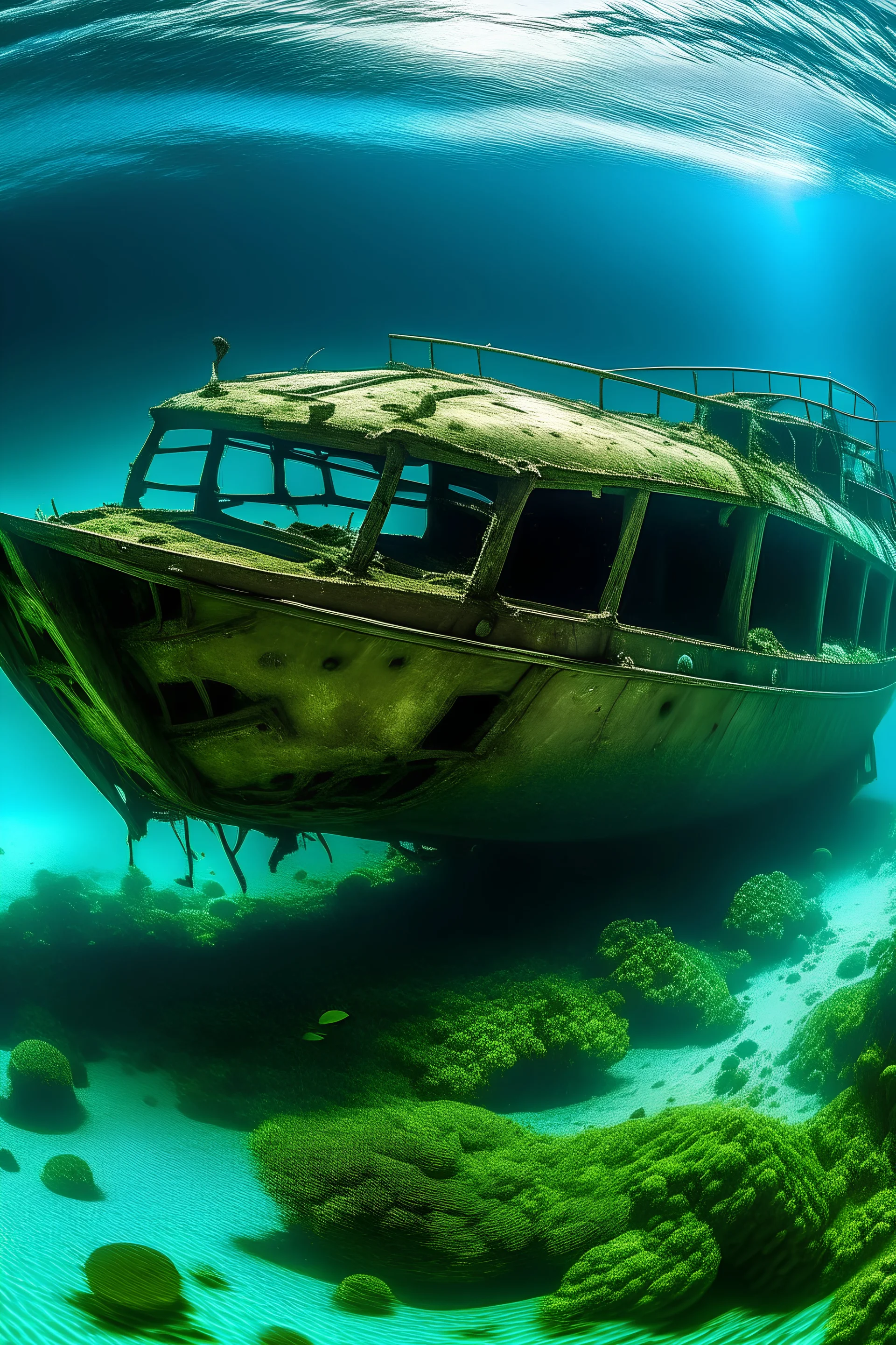 sunken ship on the ocean bottom with car wreck on it.