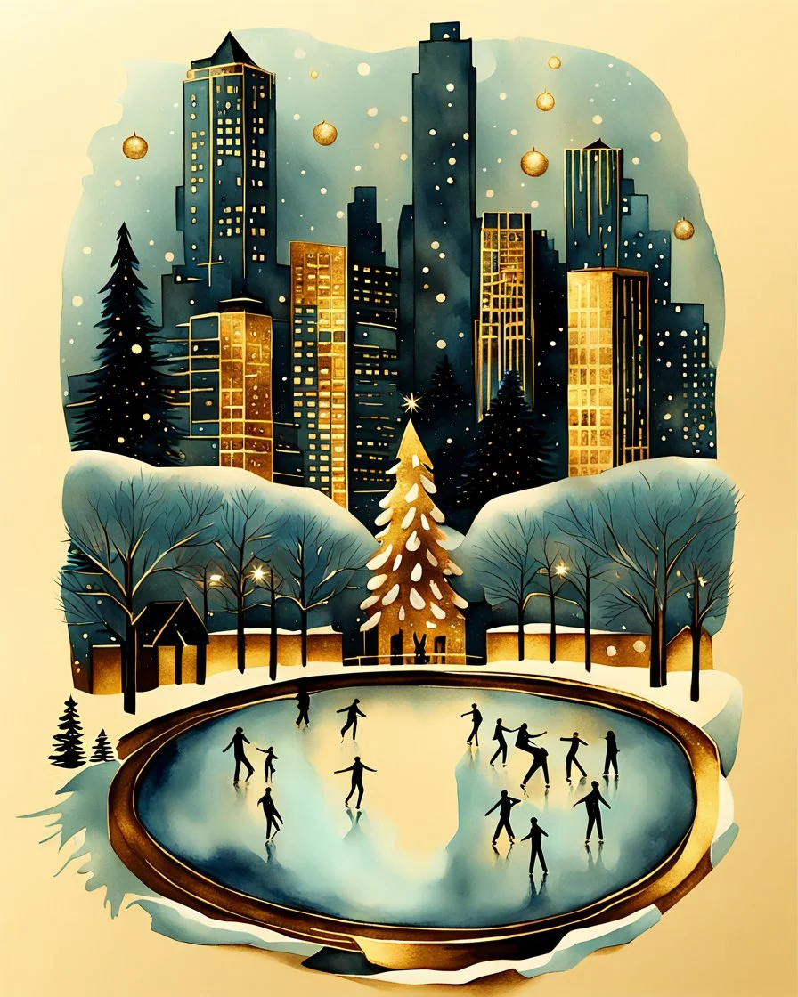 imagine an Art Deco style watercolor painting with gold foil applied to buildings. image of a Winter Park with a frozen pond, a Christmas tree, ice skaters, in foreground. background shows a cityscape with dark blue buildings accents with gold foil and One building is entirely gold foil. Christmas vibes, festive, elegant styling. MY PROMPT ABOVE. I used Microsoft Designer to create these images. I love how they turned out!