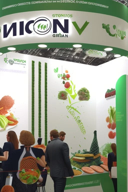 Corner green exhibition stand of a food company with product displays and a meeting area