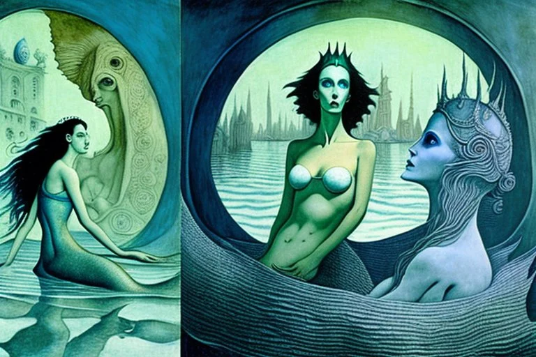 Mermaids in an underwater city by "Leonora Carrington" and "Max Ernst" and "Michelangelo"