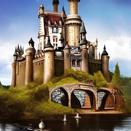 A magical canal city of wizards, witches and warlocks with a castle sir Mai Kemble style