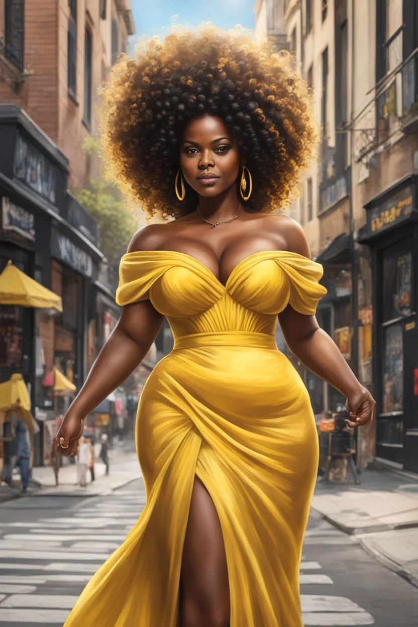 Create a chalk art image of a curvy black female walking thru the city streets wearing a yellow off the shoulder maxi sundress. Prominent make up with brown eyes. Highly detailed tight curly black shiny afro