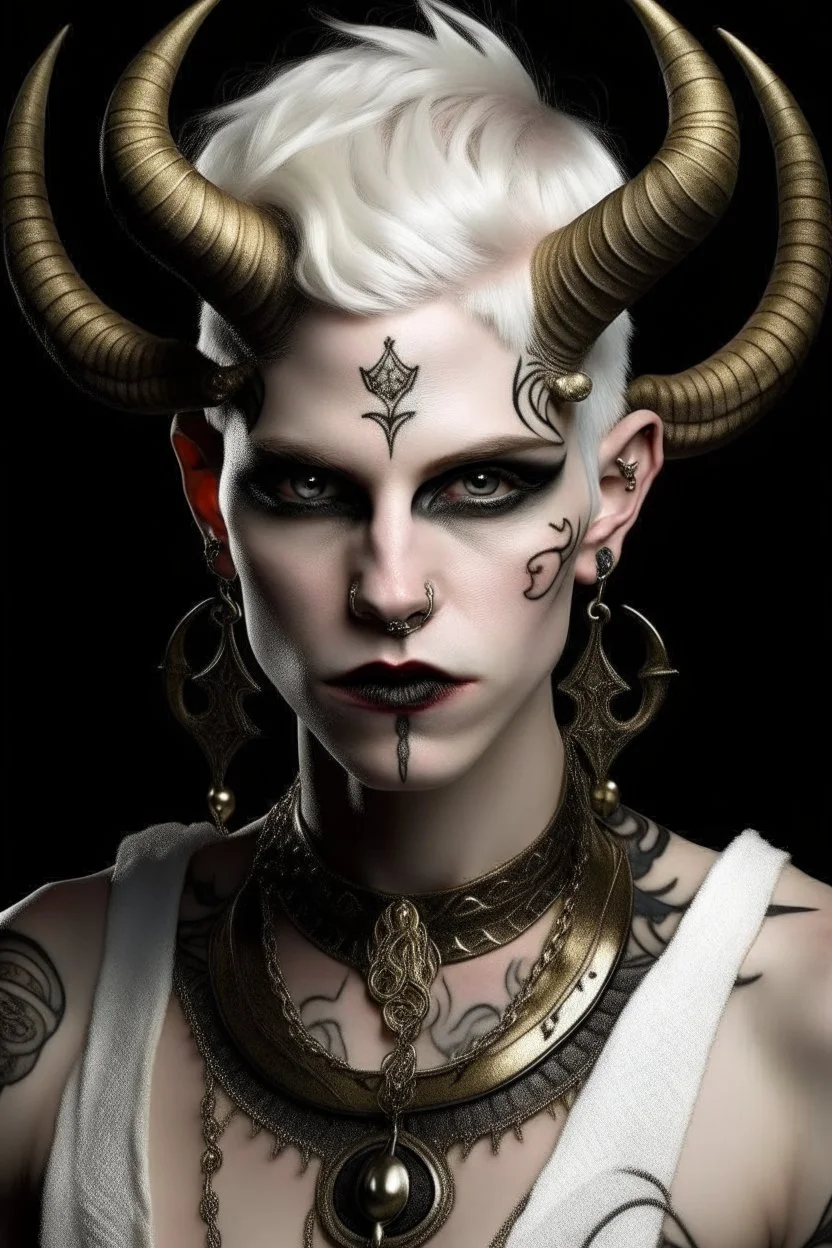 A young tiefling man with a set of ram horns on her head encrusted with jewels, White-Blonde, short hair, black eyes, dressed in white and gold with lots of jewelry, beautiful, satanic tattoos on her neck,