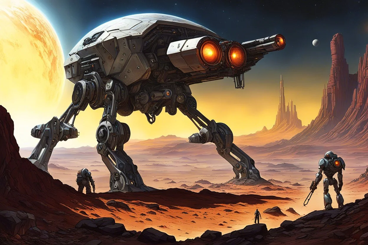 Sci-fi, sci fi dramatic scene, a colossal resource harvester bot with one drill arm and one pincher arm surveys a rocky alien planet surveying for mineral resources, grand, expansive, intricate detail, by Brian Despain, detailed full color digital illustration, comet streaking, ringed planets in distance