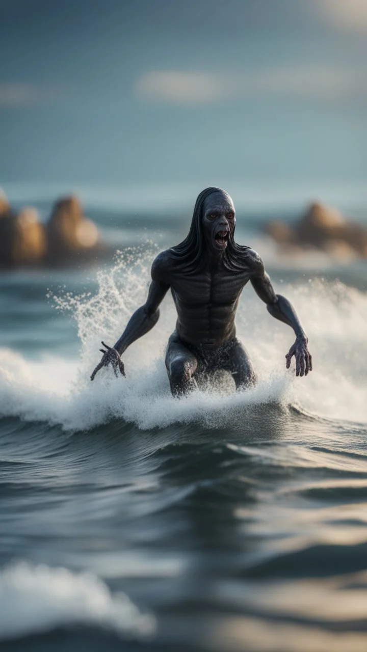 naked dementor surfing the waves unhappy about life,bokeh like f/0.8, tilt-shift lens 8k, high detail, smooth render, down-light, unreal engine, prize winning