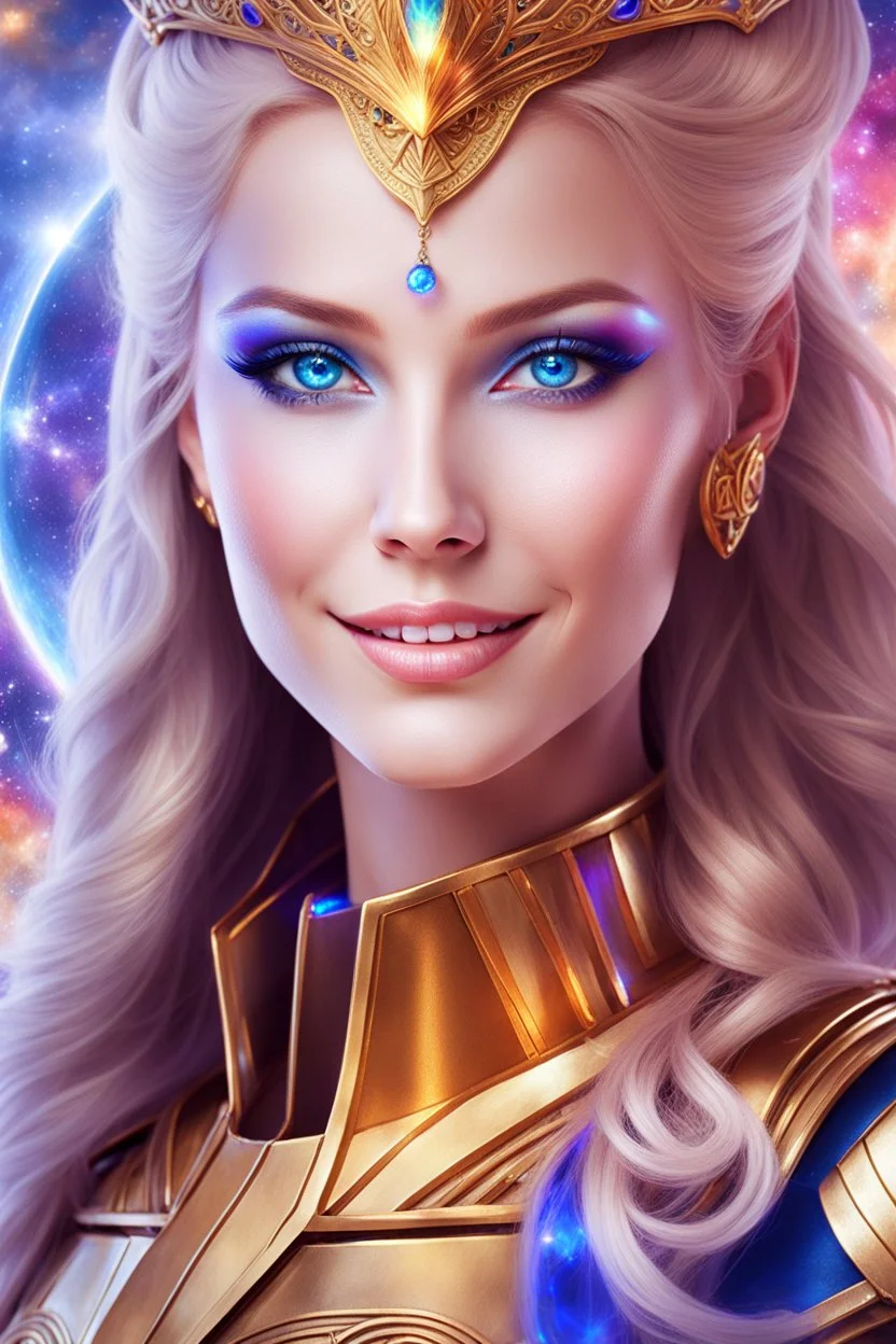 cosmic woman smile, admiral from the future, one fine whole face, crystalline skin, expressive blue eyes,rainbow, smiling lips, very nice smile, costume pleiadian, Beautiful tall woman pleiadian Galactic commander, ship, perfect datailed golden galactic suit, high rank, long blond hair, hand whit five perfect detailed finger, amazing big blue eyes, smilling mouth, high drfinition lips, cosmic happiness, bright colors, blue, pink, gold, jewels, realist, high commander