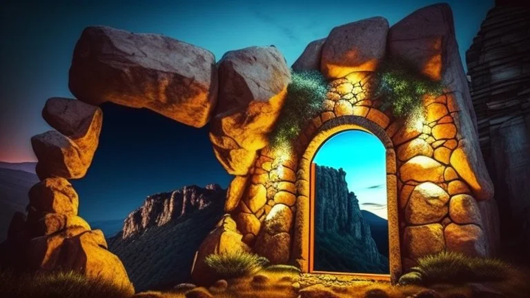 huge illuminated doorway in a rock wall in the side of the mountain