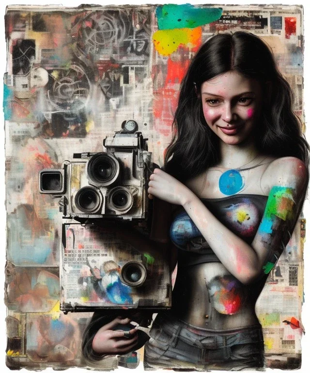 happy beautiful girl holding big proffesional camera in studio. street art, oil on canvas, spray paint, collage, letters, newspapeers, Dave McKean, Vladimir Fedotko, Saturno Butto, Vaughn Bodé, Frank Wu, James C. Christensen, collage, dirty, paint dripping, radiant