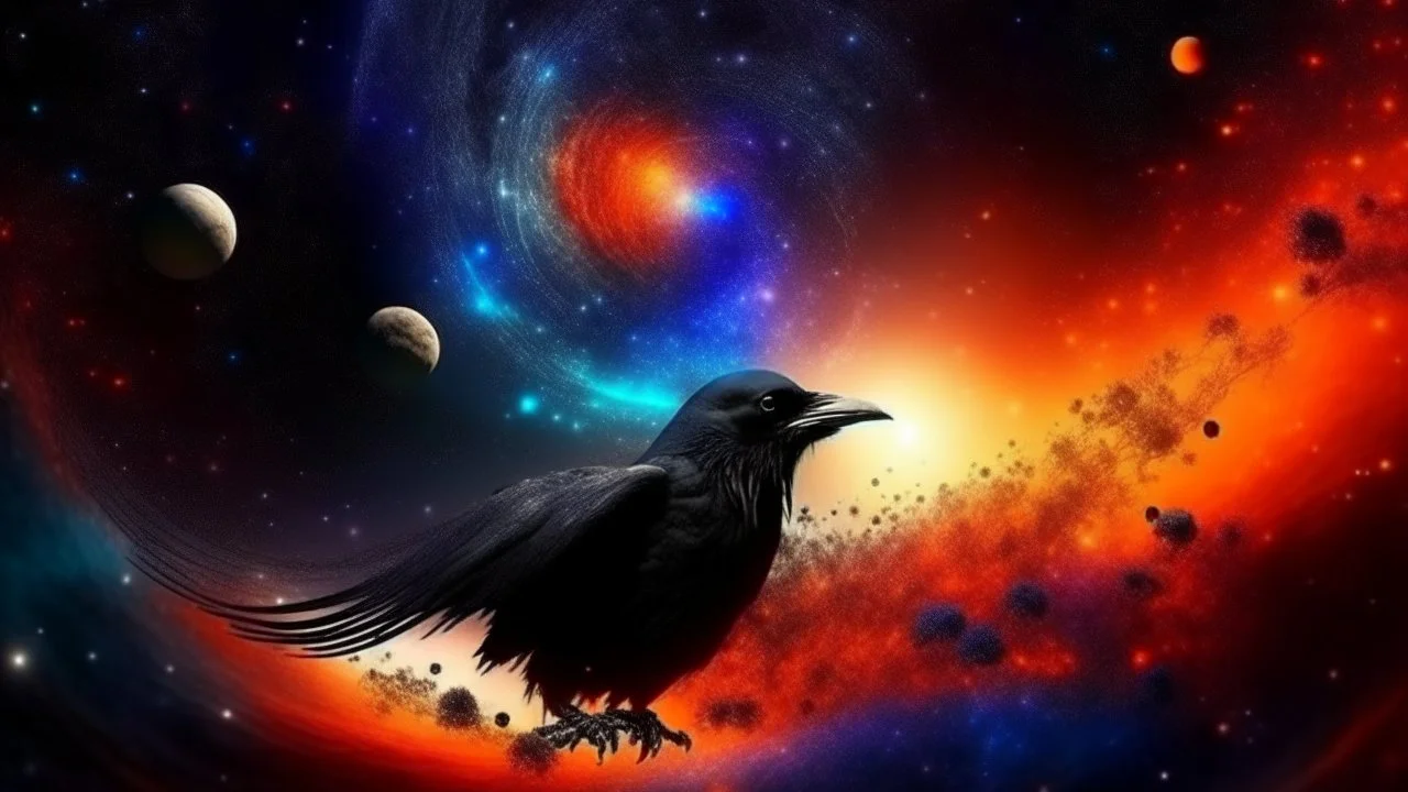 Crow in a space an the background of planets, souls, tree of life