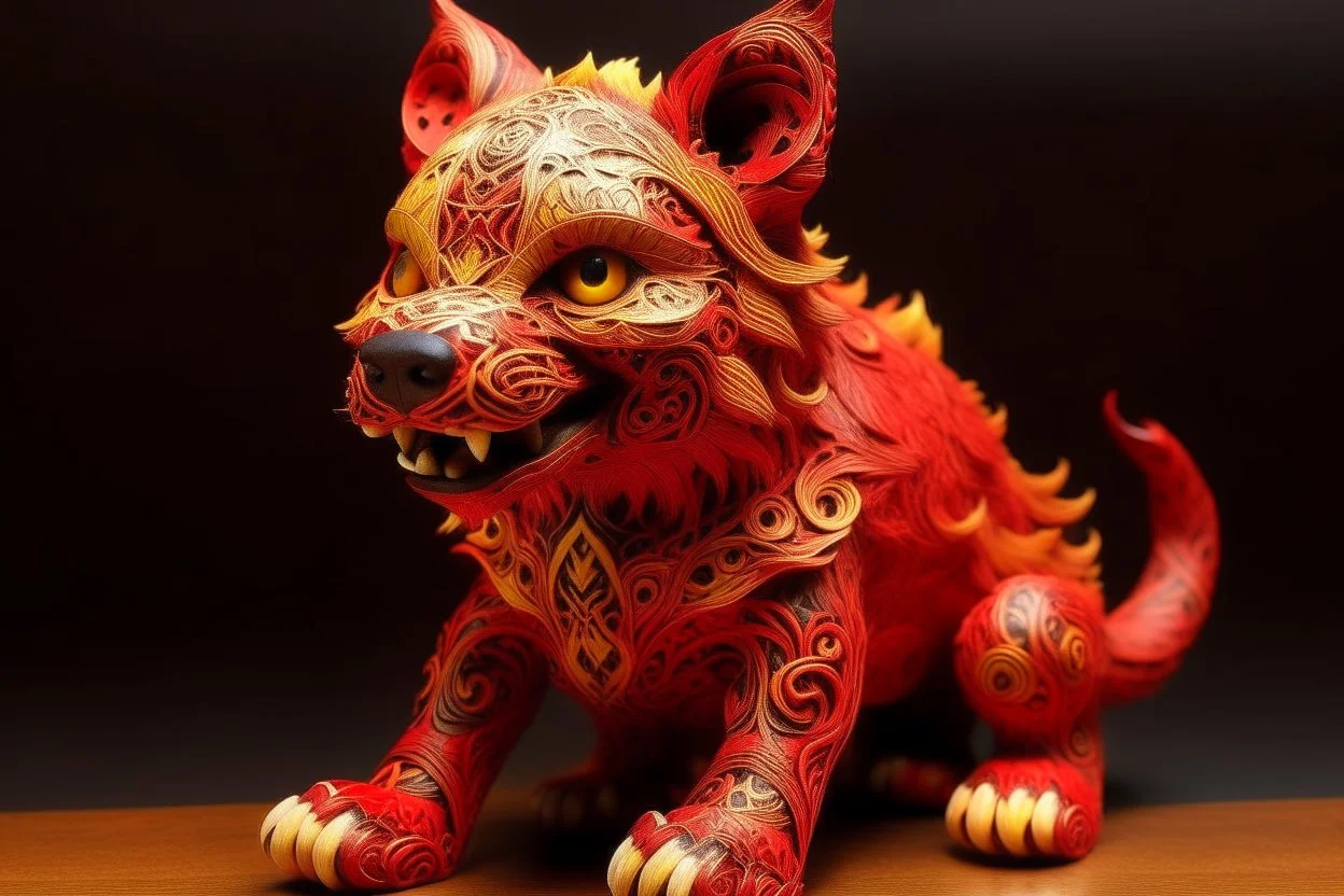 A red fire elemental hyena designed in Chinese paper art painted by Hashimoto Gahō