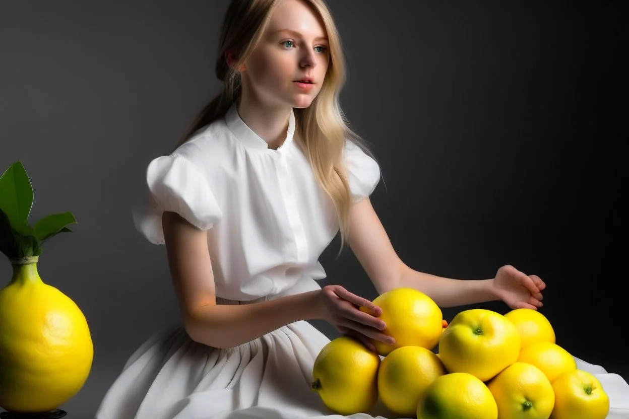 Sobre un fondo blanco de fotografía de estudio, un mujer rubia, vestida con camisa blanca sin abotonar y una amplia falda amarilla, juega con unos limones