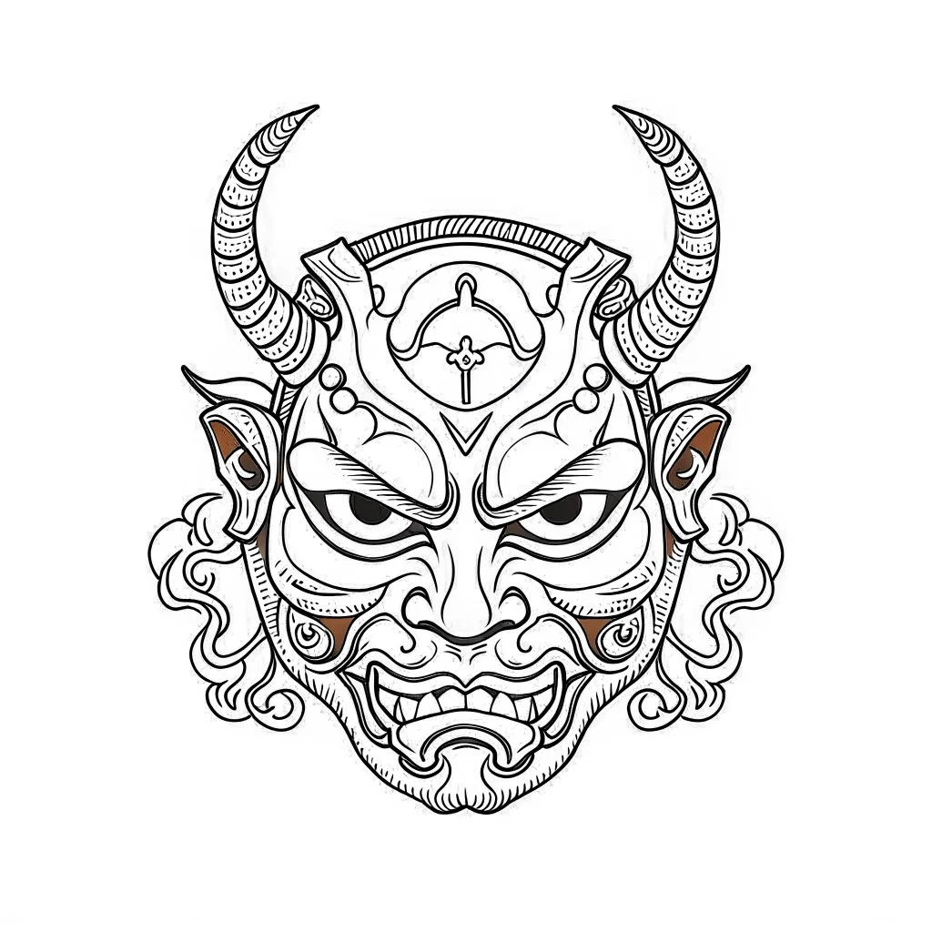 White, minimalis line art , cute oni mask japanes , vector, white background, outline, with images neatly contained within the background, just black and white color, tatto style.