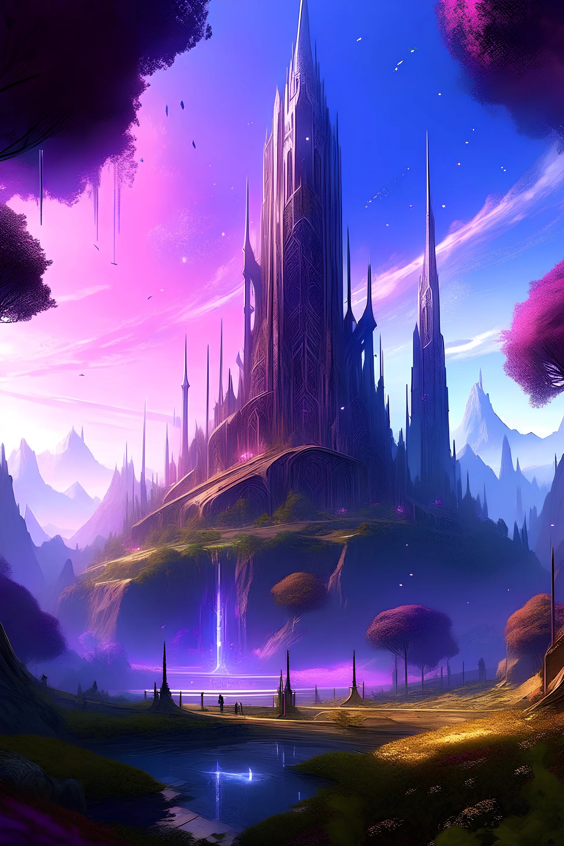 Hidden amidst an ancient enchanted purple forest lies the city of Astralis, a place of wonder and magic. The city is a mosaic of arcane architecture and enchanted nature. At the heart of the city, in the central square, stands a majestic three-pointed crystal tower, shimmering under the light of the sun and the moon. This tower, is the pulsating heart of the city, emitting a magical light. Around the tower, the streets wind into an intricate labyrinth of potion shops, magical libraries.