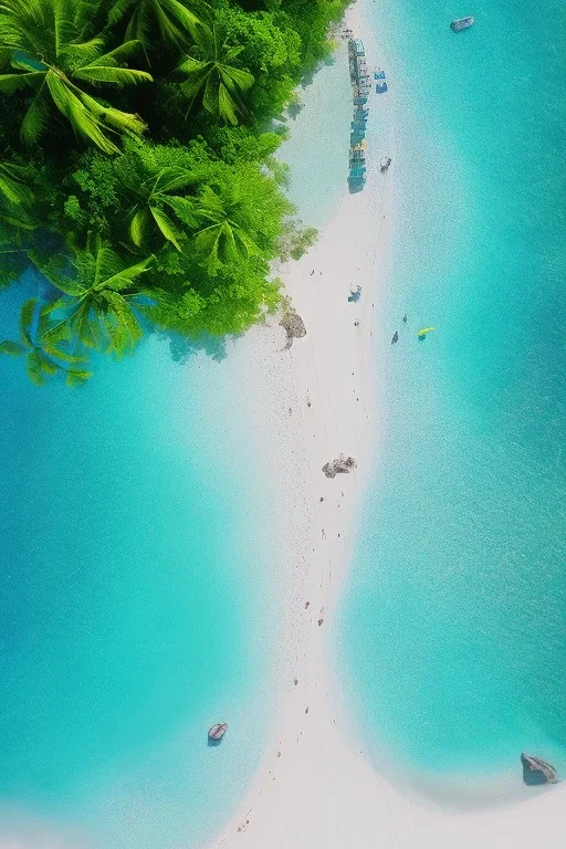 plage sable jaune, mer bleu turquoise, cocotoer, soleil, oiseau dans le ciel