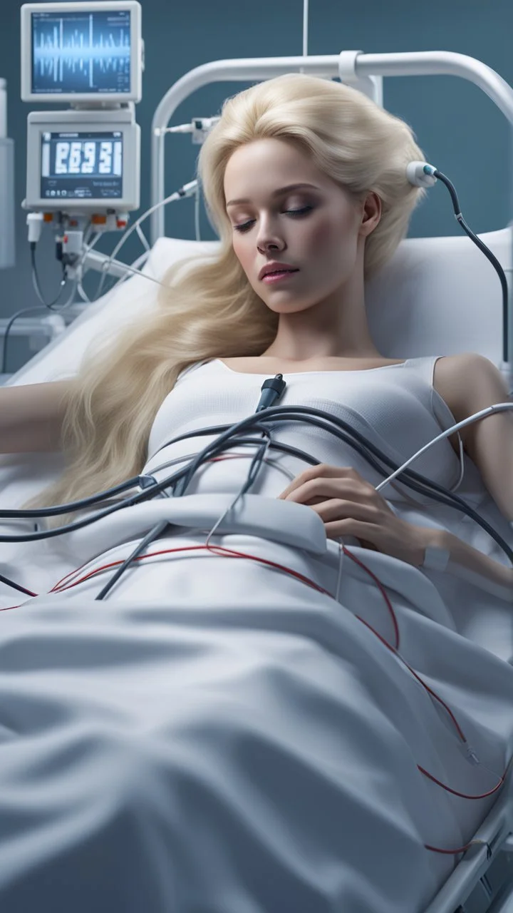 photorealistic hyperdetailed very small young woman with blonde hair lying asleep on a hospital large bed with a heart monitor and iv lines attached