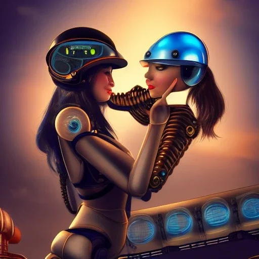 great illustrator, spanish, realistic rendering of a cute spanish girl kissing a cybergirl with helmet and tubes, cute, beautiful, steampunk style. Helmet with tubes. Machinery in the background. robotic bird flying. High details. 4k. unreal engine, sunset