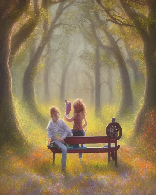 park mystical dream, park bench, man, woman, child, dog, trees, path, bird, sunshine, mystical, fantasy, romanticism, pastel colors, daylight, daytime, acrylic painting, detailed, soft focus,