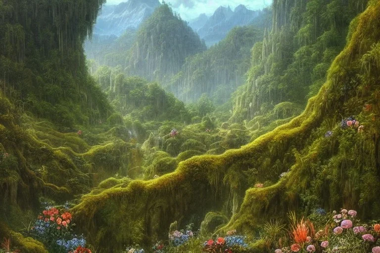 A beautiful and highly detailed oil painting of a secret valley deep in the mountains, ancient trees, lush plant growth, tall grass, flowers, intricate details, epic scale, insanely complex, rivendell, 8 k, sharp focus, hyper realism, fantasy landscape, psychedelic, by caspar friedrich and brian froud