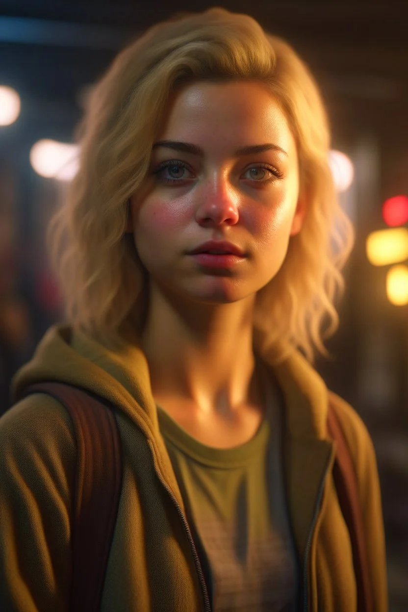 new york underground, a cute blonde latino female chat robot that stares at us like we are the prettiest demons she has ever seen, its such a perfect day, motion blur, smoke, 8k, downlight, soft light, depth of field, photorealism, trending on art station, lotsa detail