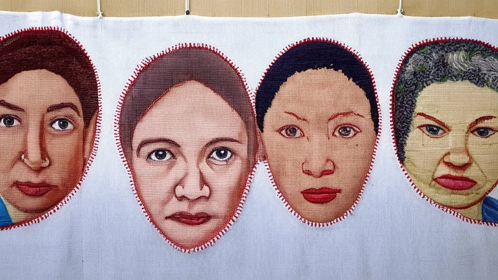 Make a Wide Fabric Panel of embroidery of 5 portraits, sew with threads, tapestry