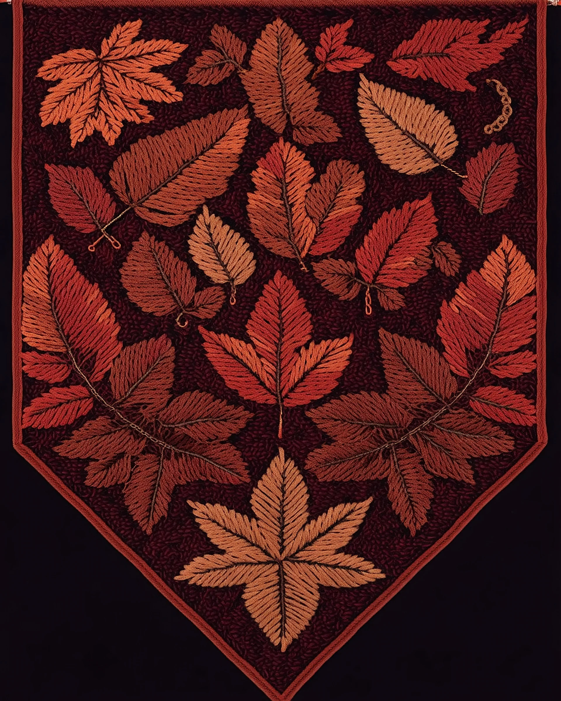 autumn colored cloth banner with embroidered and cross-stitched ornamental leaves and filigree, using thick tread