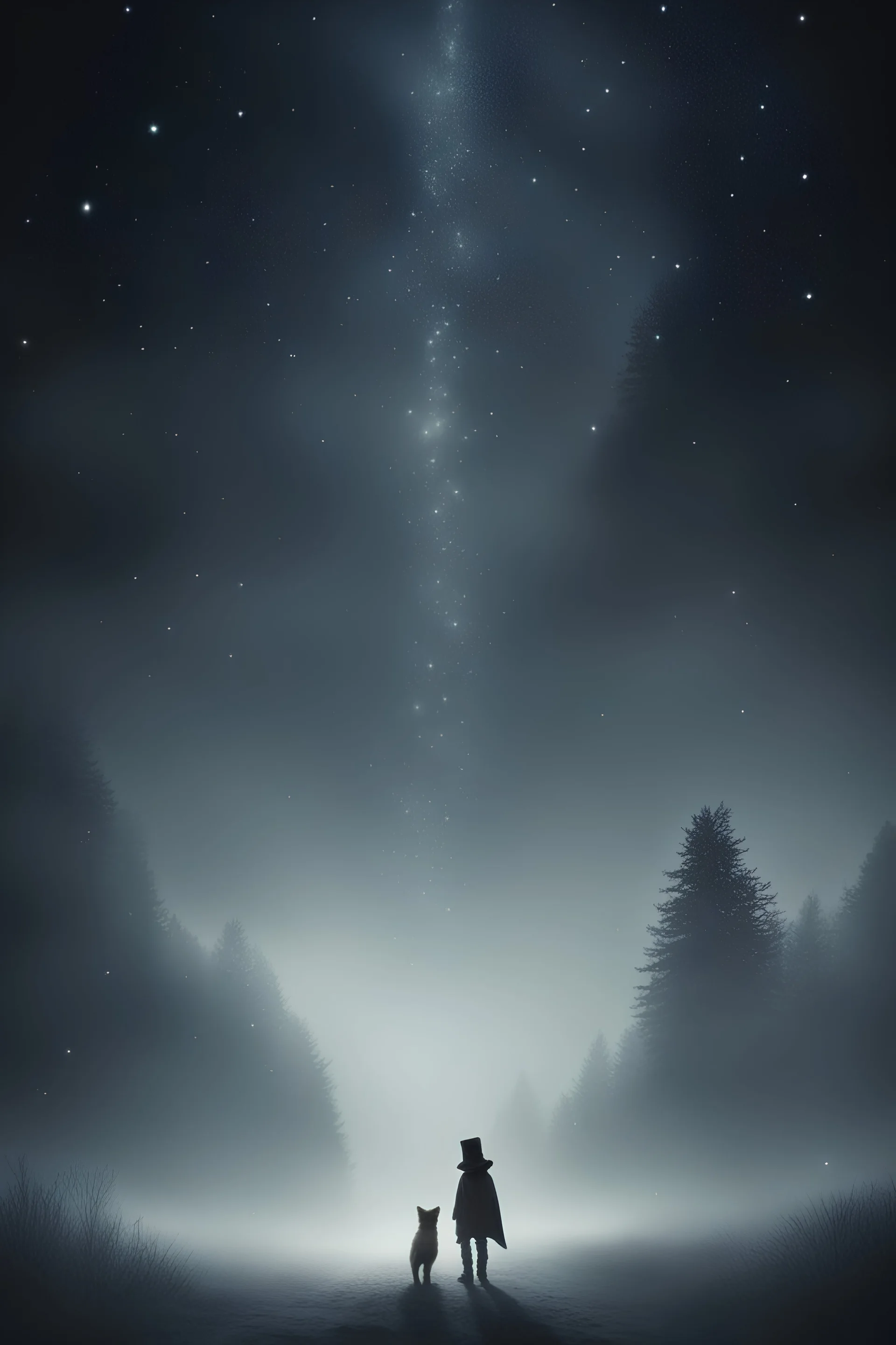 Мрак, протяженный путь стоит перед светловолосым мальчиком и звездным хитрым лисом, сквозь туман виднеются проблески звездного неба, указывающего дорогу двум путникам светловолосому мальчику и лису