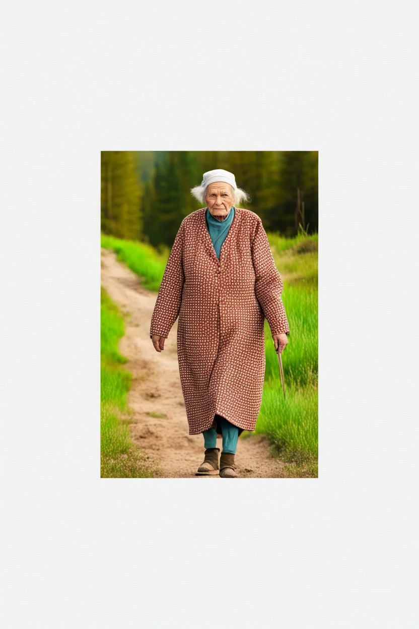 old russian woman outside of her shack on a mountain