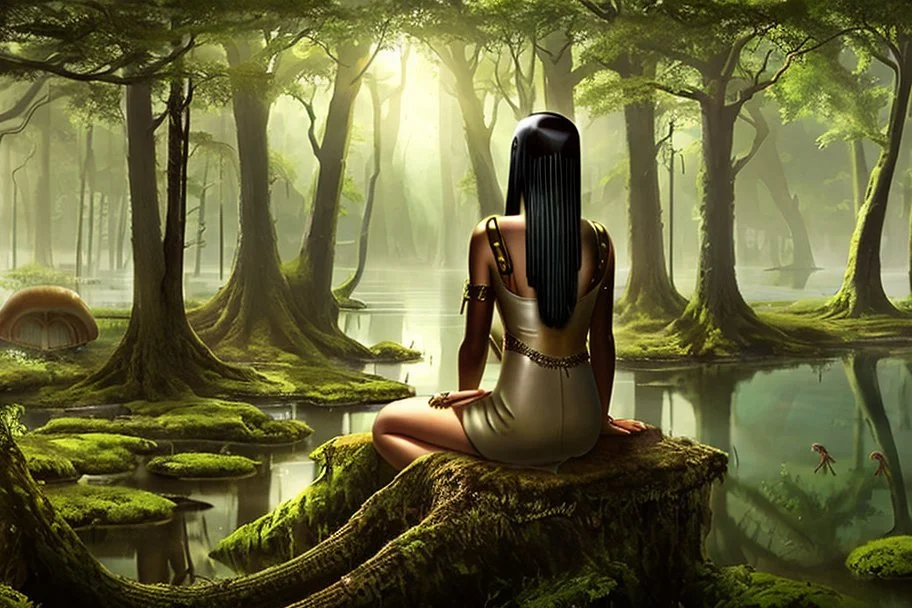 A skinny woman with a Cleopatra hairstyle, short skirt, and knee-high boots, looking out over a lake, in an alien forest, with tall cloud trees, flying mushrooms with octopus tentacles