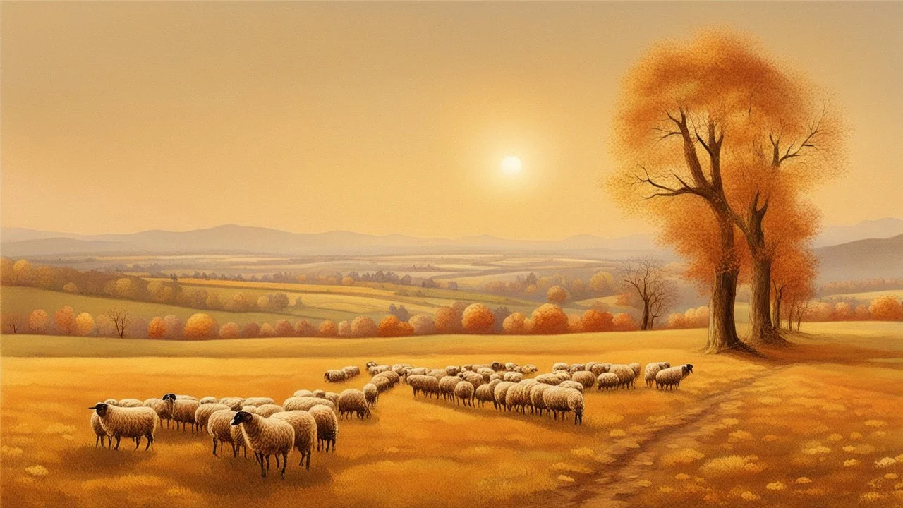 AUTUMN LANDSCAPE OF WHEAT FIELDS WHERE A Flock OF SHEEP GRAZES, THERE ARE SOME SMALL TREES WITHOUT LEAVES AND THE SHEPHERD IS GEEMED IN THE BACKGROUND, HEIDELBERG SCHOOL STYLE