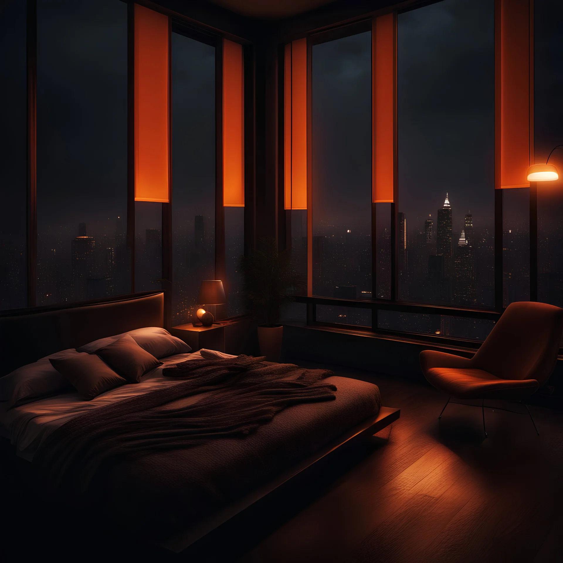 beautiful cozy bedroom with floor to ceiling glass windows overlooking a city skyline at night, orange lamp, rain outside, high resolution, photorrealistic, dark, gloomy, moody aesthetic