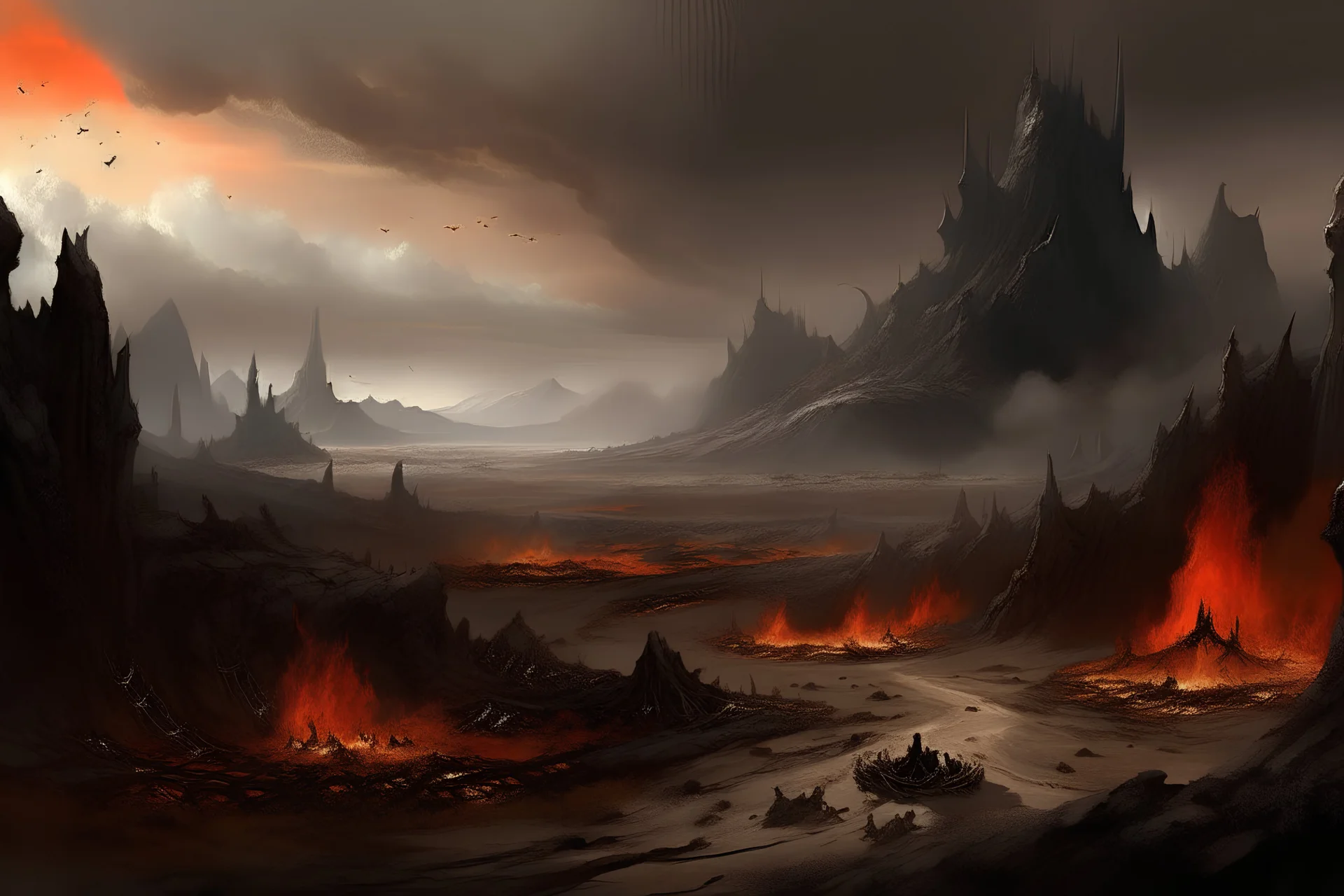 a realistic depiction of an ominous landscape of desolation and torment. Charred plains stretch endlessly, with jagged cliffs and rivers of molten lava carving through the barren terrain. The air is thick with acrid smoke, choking those unfortunate souls consigned to this infernal abyss. Demonic creatures prowl the scorched landscape, their twisted forms embodying cruelty and malice. Sinister fortresses loom in the distance