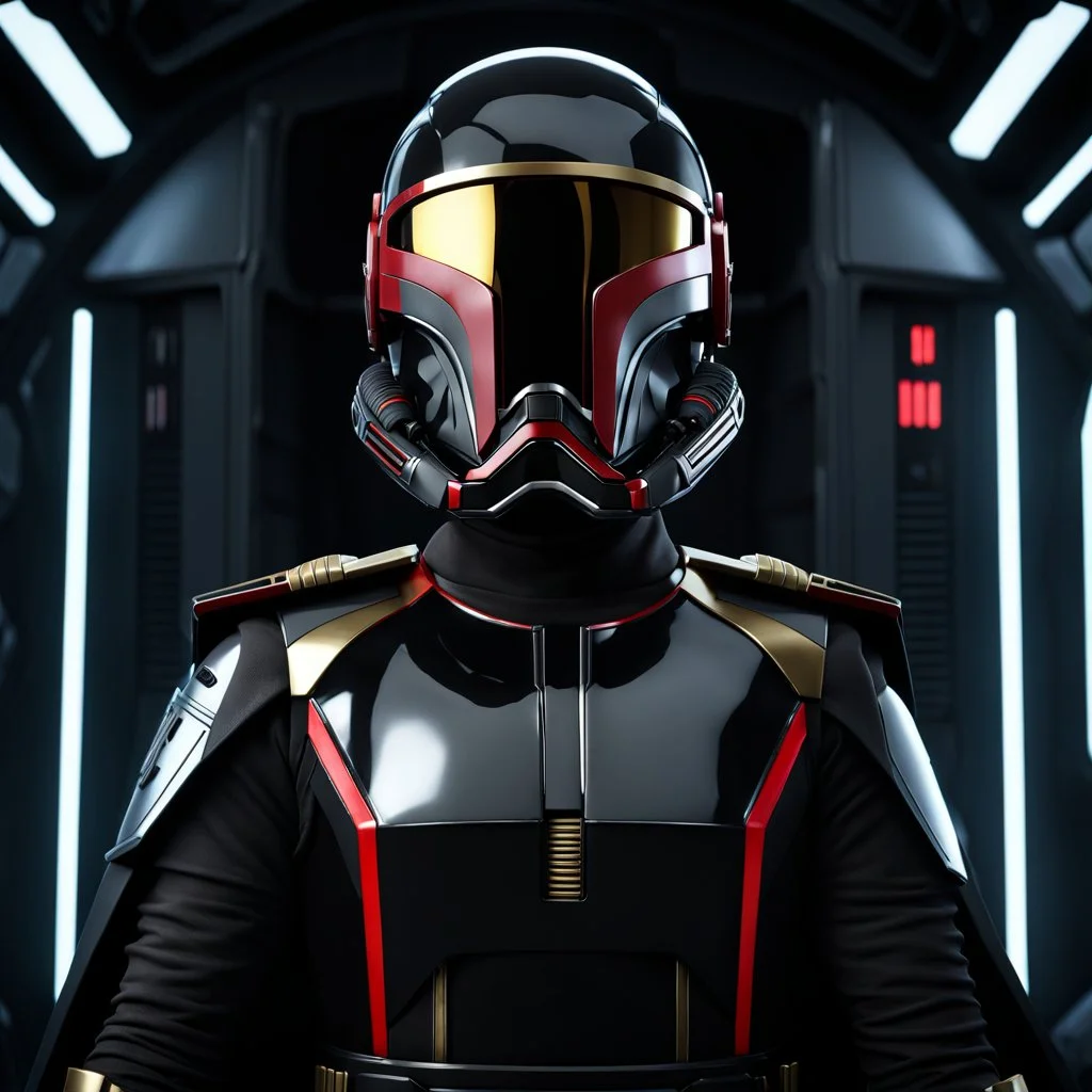 star wars bald male corellian pilot wearing pearlescent black and gunmetal grey First Order special forces heavy assault stealth commando armor and helmet with gold and red trim inside the jedi temple, hyperdetailed, dynamic lighting, hyperdetailed background, 8k resolution, volumetric lighting, light skin, fully symmetric details