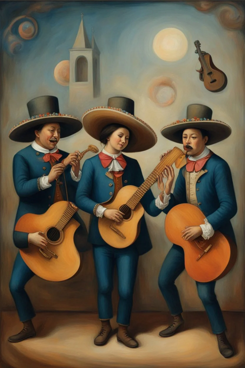 Bosch painting style mariachi band of four musicians One play the trumpet and three plays the acoustic guitar wearing a maxsican hats and a girl dancing in the middle