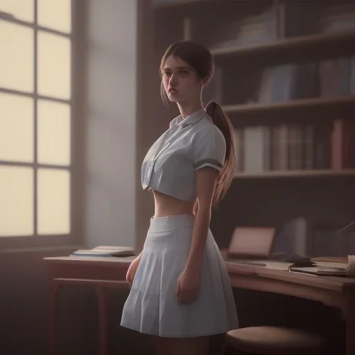 Study girl in university by the room, on book, movie, real photo realistic, unreal engine, cinematic lighting --ar 1:1 creative