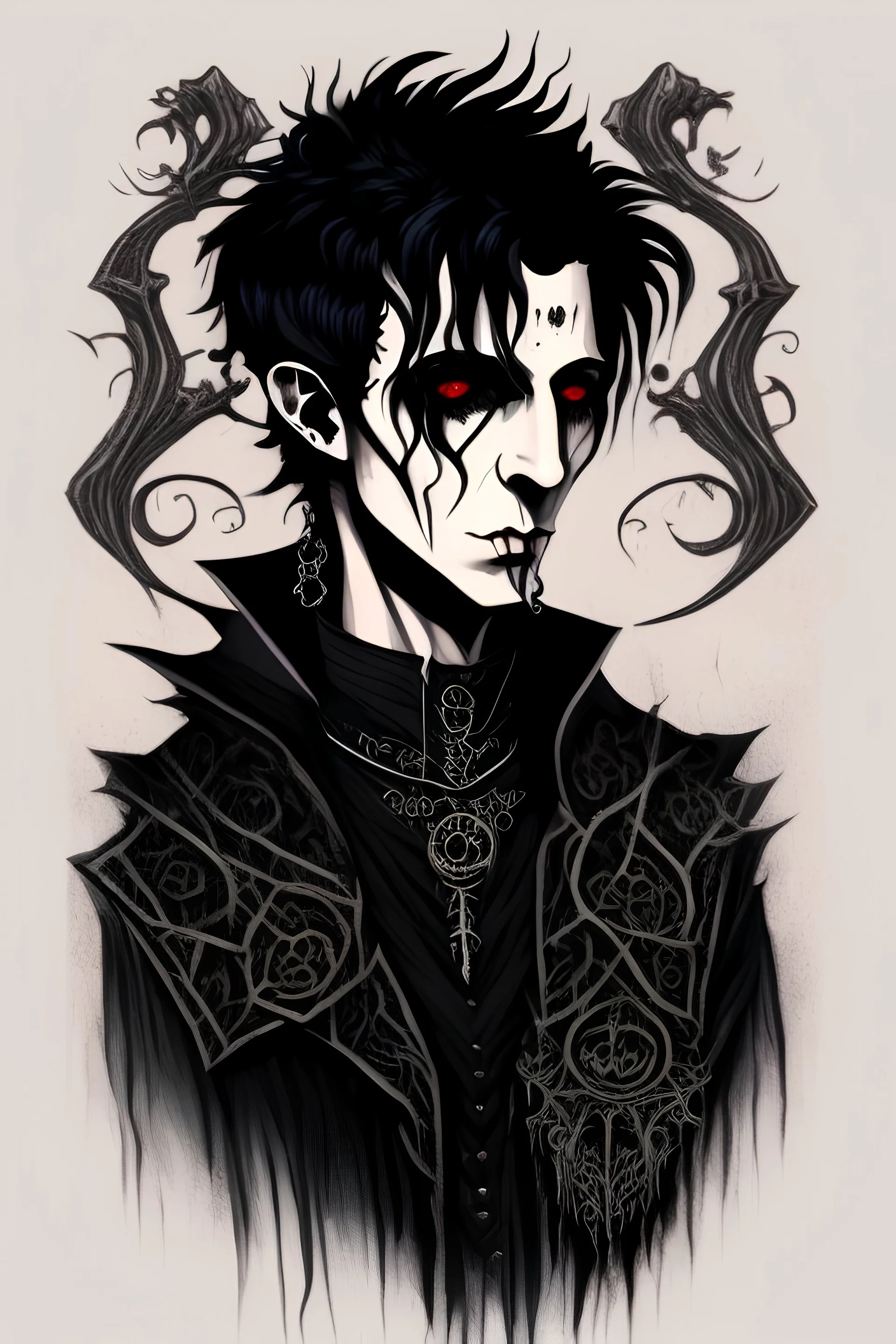 black haired young man necromancer wizard with gothic jewelry in the style of clive barker