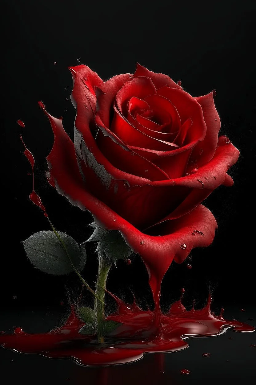 an exciting illustration of a red rose with petals, completely made with transparent red paint flowing down a dark glossy surface, a light spot on the rose, a dark empty background, liquid splashes, complex details, photorealistic