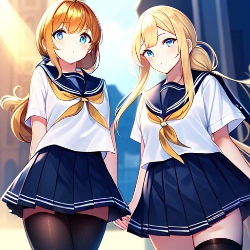 girl, masterpiece, best quality, volumetric lighting, detailed outfit, perfect eyes, long hair, golden hair, blue eyes, black stockings, school outfit, low ponytail,