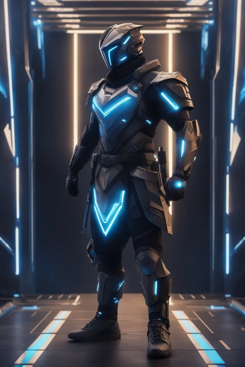 cyberpunk, neon blue, triangle of light floating behind the back, cyber armor, geometric patterns on an armor, male